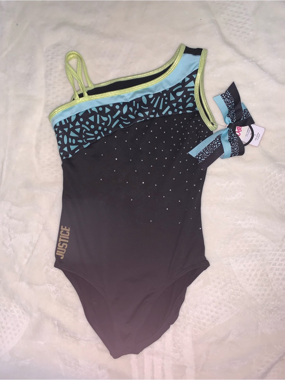 Justice Girls' Black One-Shoulder dance outfit with matching hair bow new tags